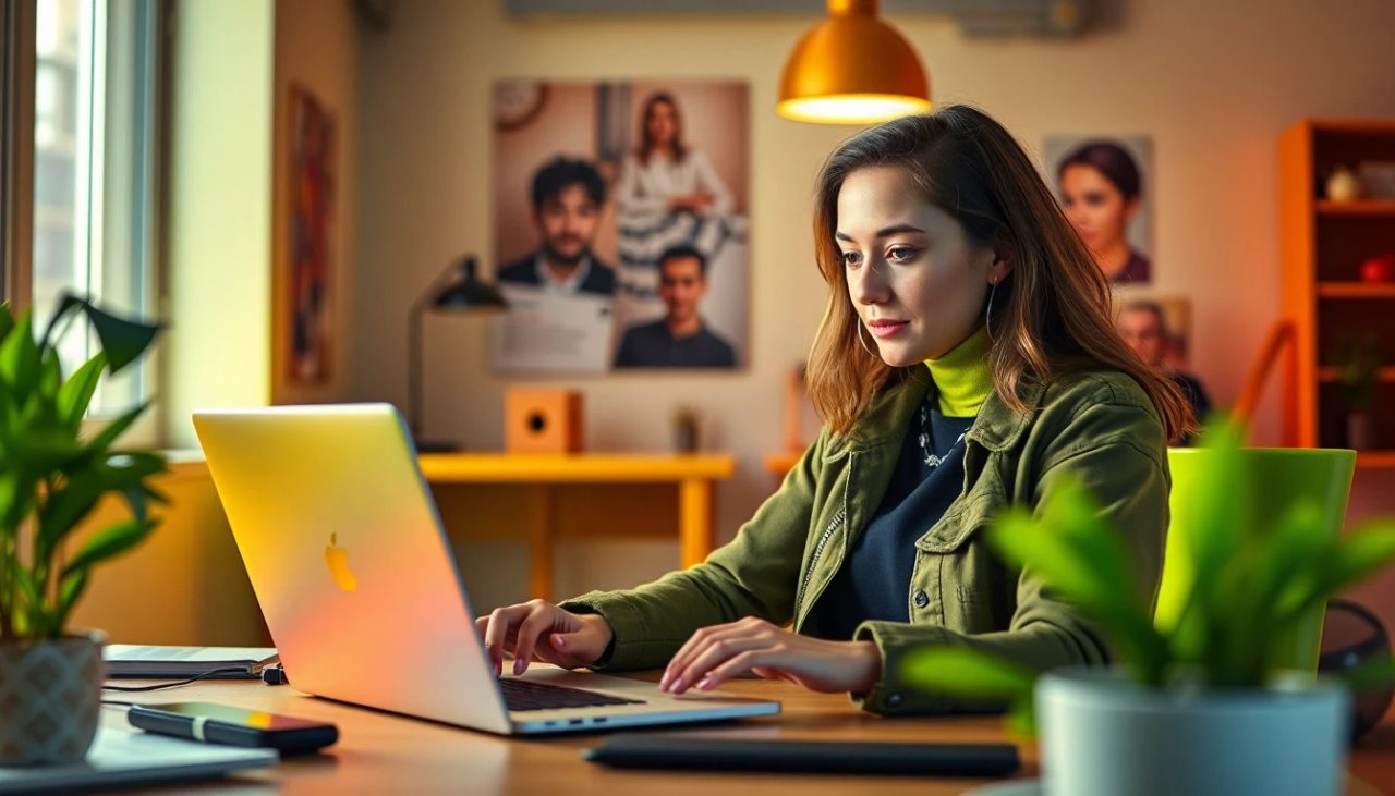 UGC alkotó egy laptop előtt, kreatív környezetben