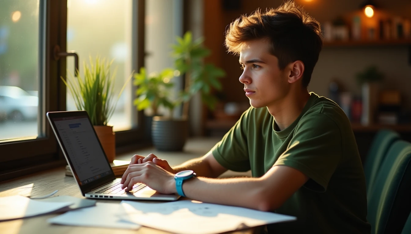 Fiatal magyar tartalomgyártó egy kávézóban dolgozik a laptopján.