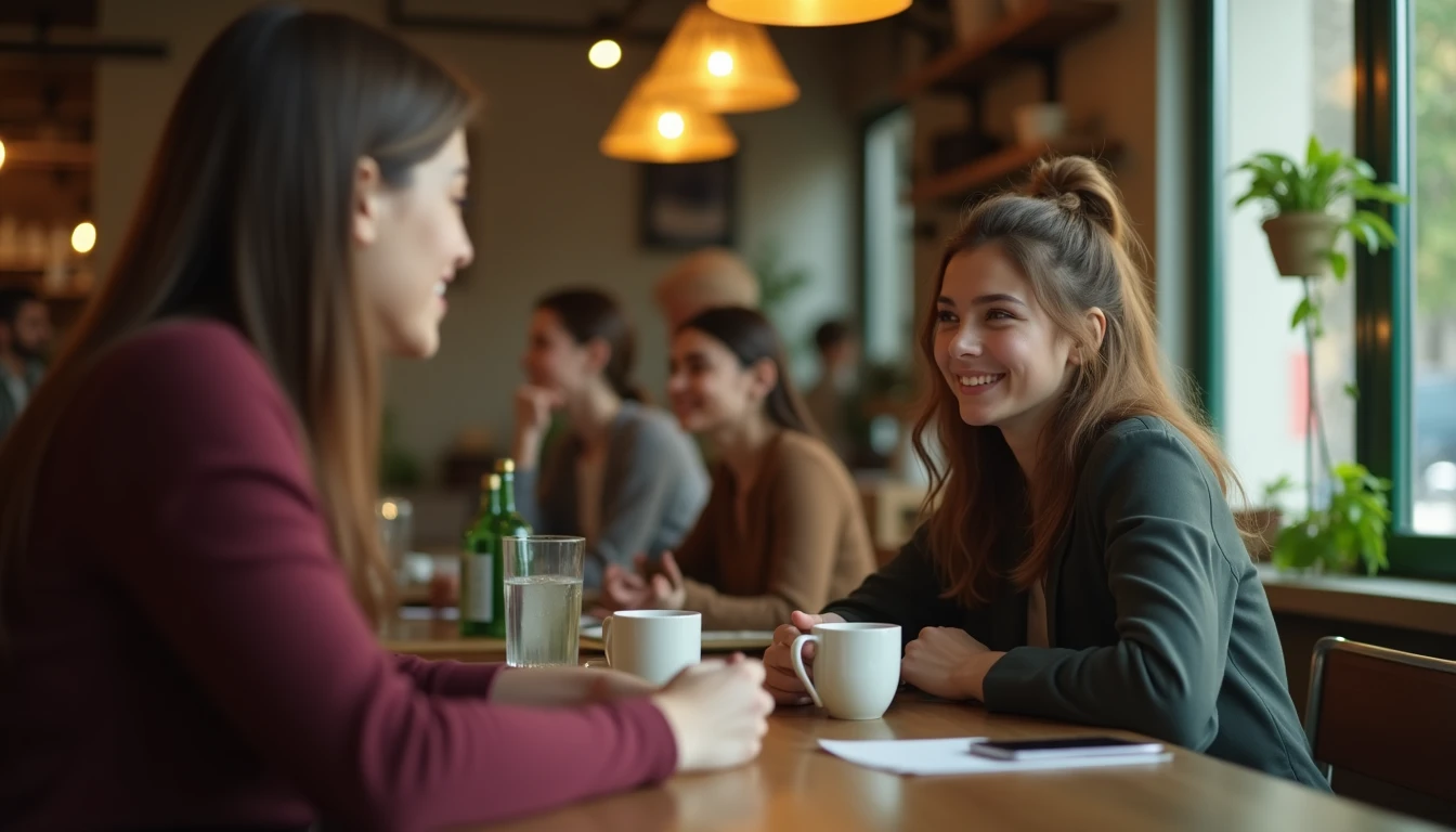 Egy fiatal influencer és egy brand menedzser beszélget egy kávézóban marketing stratégiákról.