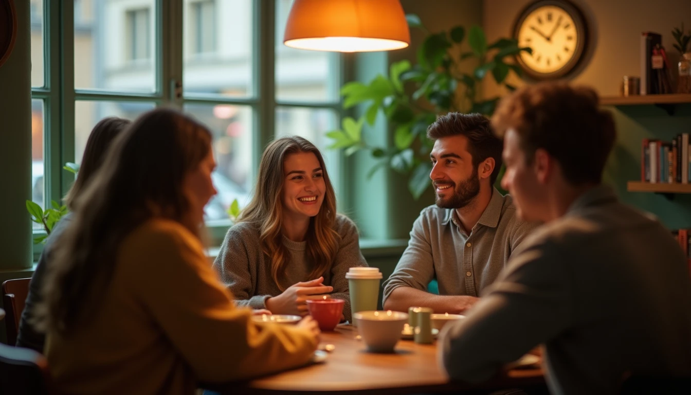 Budapesti kávézó, ahol fiatal influencerek marketing stratégiákat beszélnek meg.