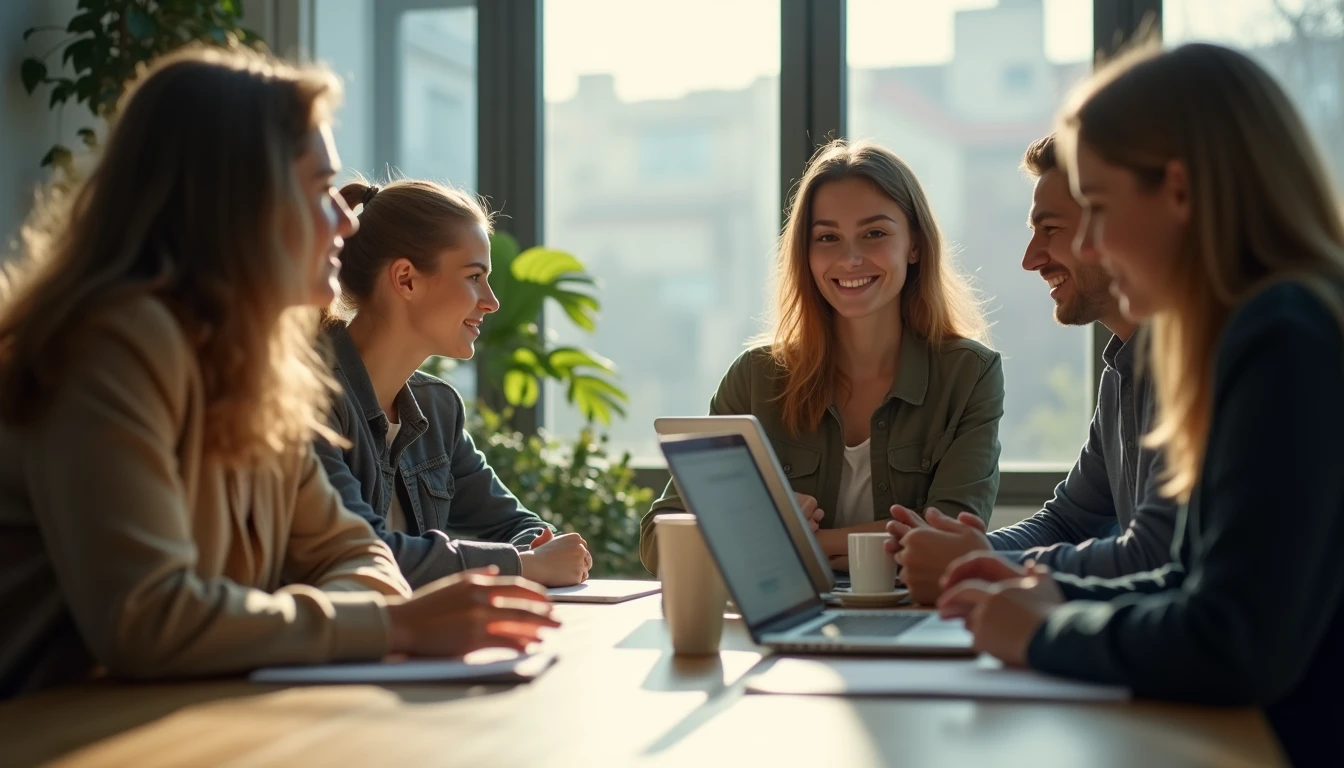 A fiatal magyar marketingesek brainstormingolnak az influencer marketingről egy modern irodában.