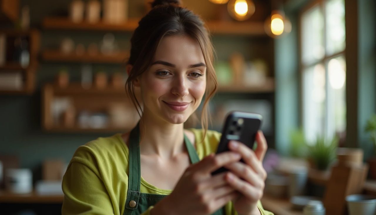 Egy kisvállalkozás tulajdonosa Instagram Reels-t készít egy modern irodában.