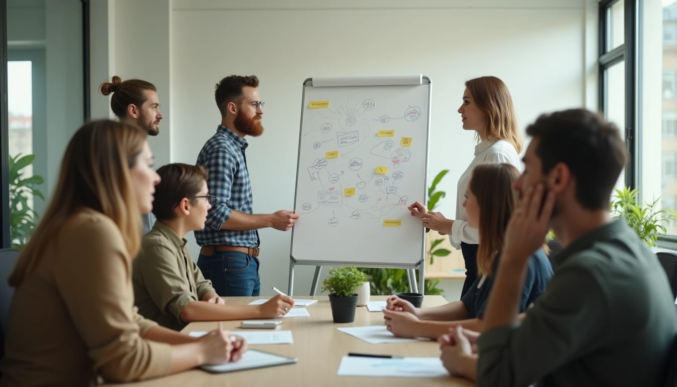 Egy csapat brainstormingol a felhasználói tartalmak marketingjéről egy irodában.